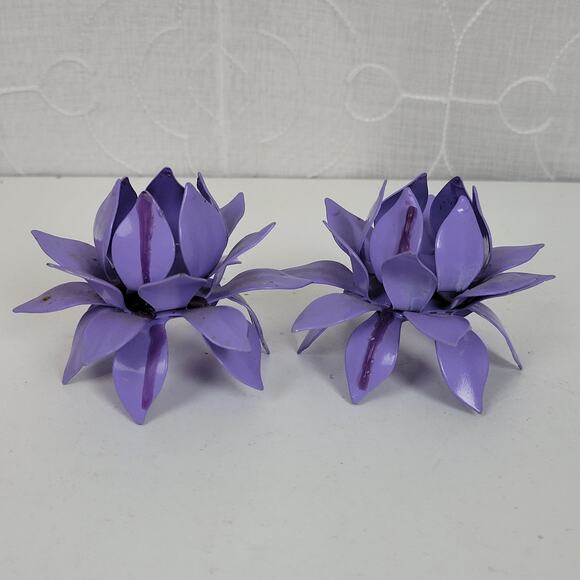 VINTAGE Lotus Flower Metal Purple Handmade Candle Holders Retro Set of 2 - Picture 7 of 13